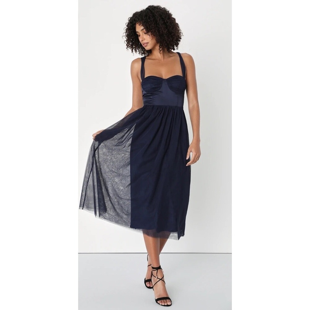 LULUS Size MEDIUM Twirling For‎ You Lace-Up Bustier Navy Blue Tulle